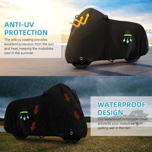 Image of Motorcycle Cover Waterproof for Kawasaki Ninja 250 300 400 500 650 /BMW F 900R, Heavy Duty Outdoor Sun UV Rain Dust All Weather Protection Motorbike Cover with Soft Cotton Lining & Lock Hole-Black
