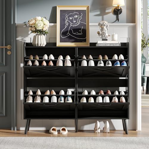 Image of Maupvit Large Shoe Storage Cabinet with 4 Flip Drawers, Narrow Shoe Cabinet for Entryway with Wooden Legs, Freestanding Hidden Shoe Rack Organizer & Metal Hinges, Black
