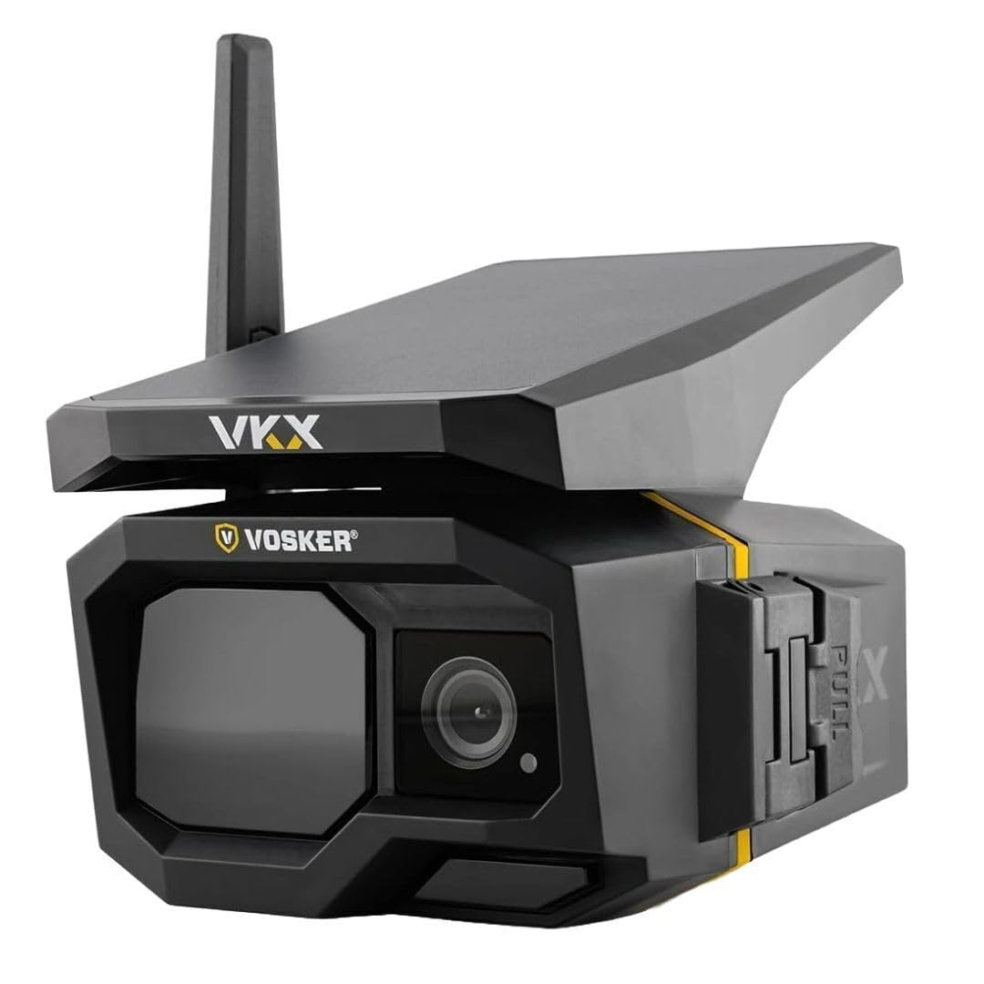 Cámara de seguridad celular Vosker VKX para exteriores con energía solar 4G-LTE: no necesita wifi, se activa por movimiento, visión nocturna, incluye tarjeta SIM, modo a pedido, videoclips de 15 segundos, resistente a la intemperie IP65