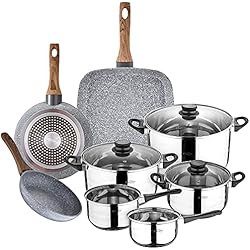 Ollas Y Sartenes San Ignacio San Ignacio Batería de cocina 8 piezas en acero inoxidable, con juego de sartenes con asador 28x28 cm en aluminio forjado, inducción, PK3153, Color Granito, 18/20/Asador + Bateria