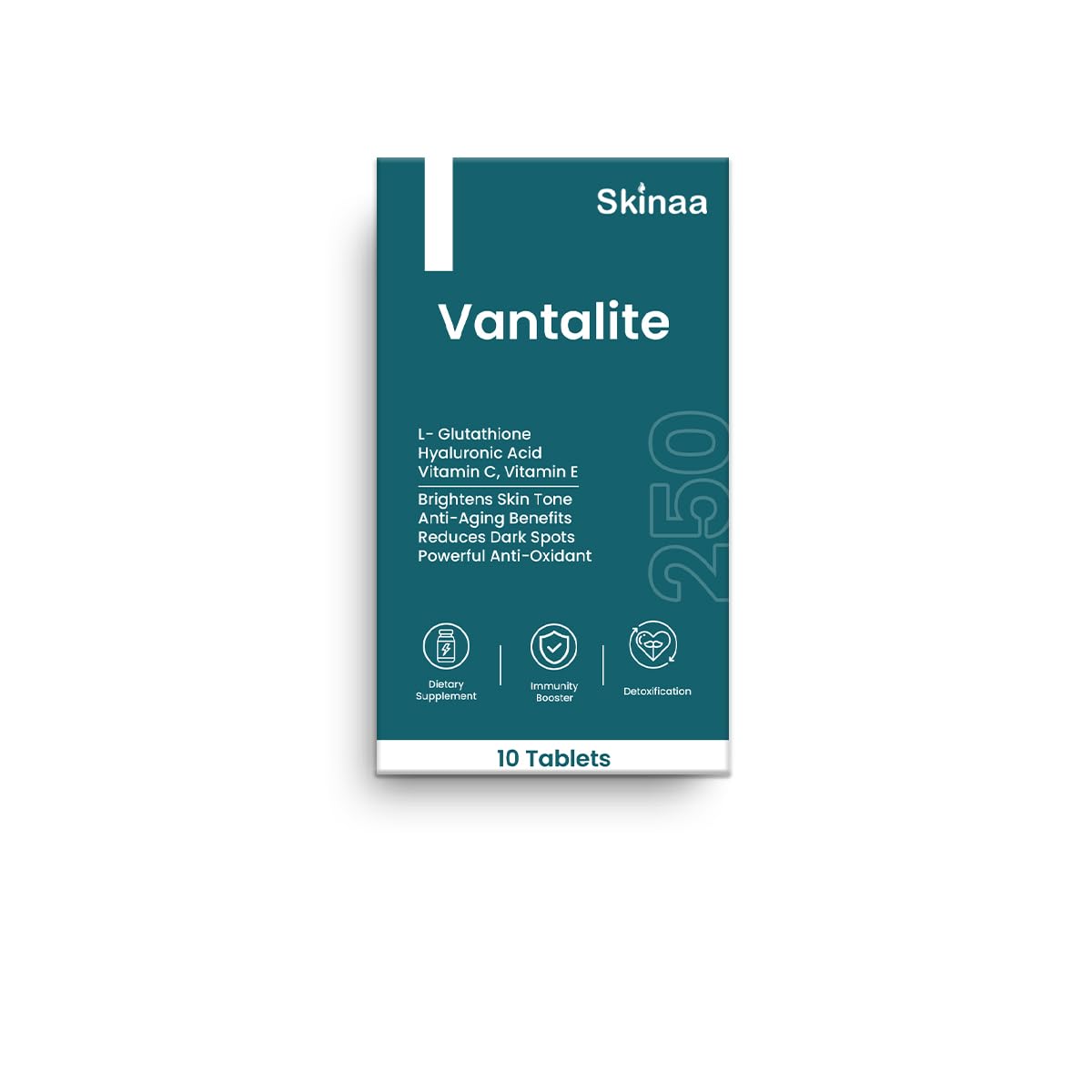 Vantalite Tablets β L-Glutathione, Hyaluronic Acid, Vitamin C & E, Anti-Aging, Dark Spot Reducer, Skin Brightening, Powerful Antioxidant, 100% Vegan, 10 Tablets 250mg