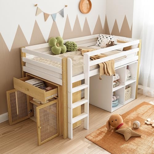 Cama Alta Infantil Multifuncional con 2 Armarios y Escalera Incorporada, 90x200 Cm, Sin Colchón, Diseño Seguro y Compacto, Color Natural y Blanco