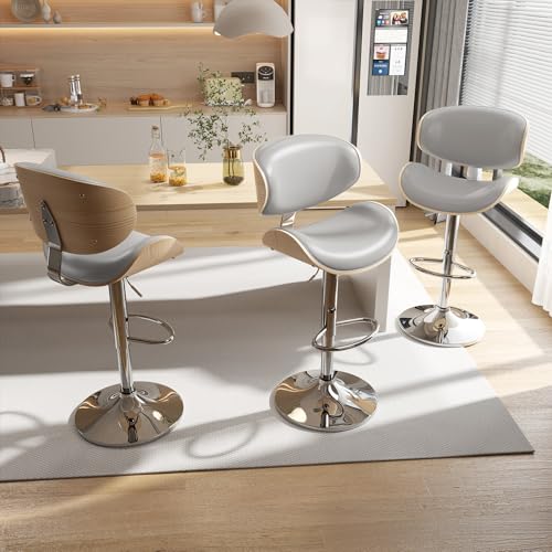 Image of YaFiti Bar Stools Set of 3, Bar Stools for Kitchen Island with Bentwood Back and Leather Seat, Swivel Bar Stools for Kitchen Counter, Bar, Grey