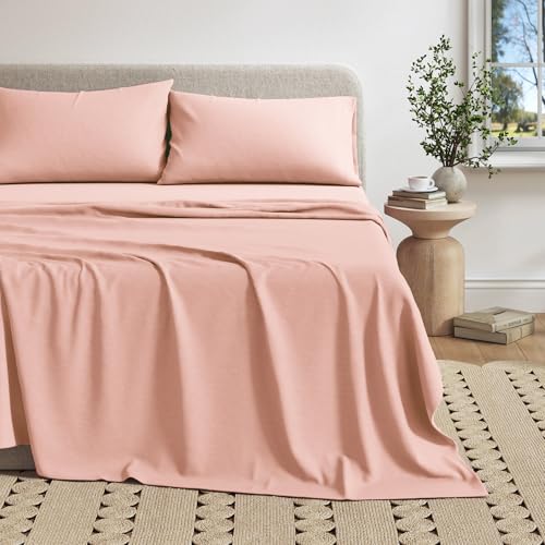 Image of Great Bay Home Cotton Jersey Knit Full Sheet Set - Ultra-Soft, Stretchy, Heathered Melange Bed Sheets - Cozy, Soft T-Shirt Sheet & Pillowcase Set (Blush Pink)