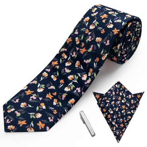 Image of YourTies Cotton Floral Tie for Men 2.5 inch Printed Skinny Necktie Pocket Square Tie Clip Set Flower Wedding Party Groom