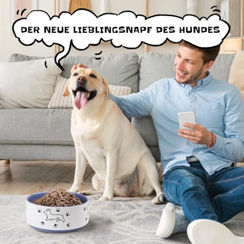 Keramik Futternapf für Hunde - Großer Hundenapf mit fröhlichem Welpenmotiv - Fressnapf und Wassernapf für mittelgroße bis große Hunde - 1900 ml - Durchmesser 20,3 cm - Lila