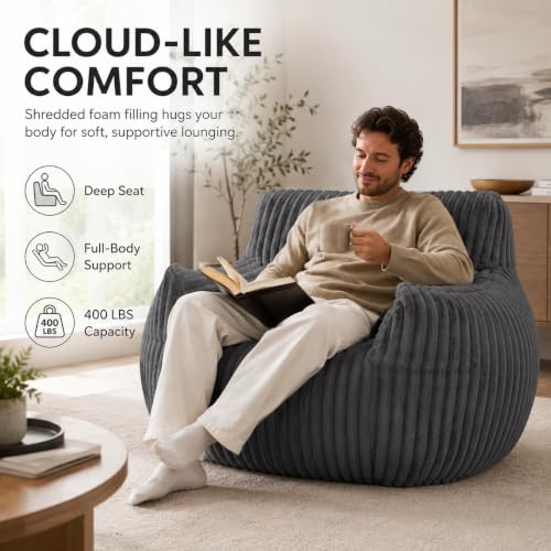Image of Giant Plush Bean Bag Chair for Adults, 46 inch Oversized Bean Bag Sofa with Armrests, Memory Foam Comfy Mini Couch Lounge Chair, 400 LBS Floor Couch for Living Room, Bedroom, Game Room, Gray