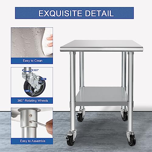 Image of HARDURA Stainless Steel Table with Wheels 24 x 30 Inches Casters NSF Heavy Duty Commercial Work & Prep Table with Undershelf and Galvanized Legs for Restaurant Kitchen Bar and Hotel Garage