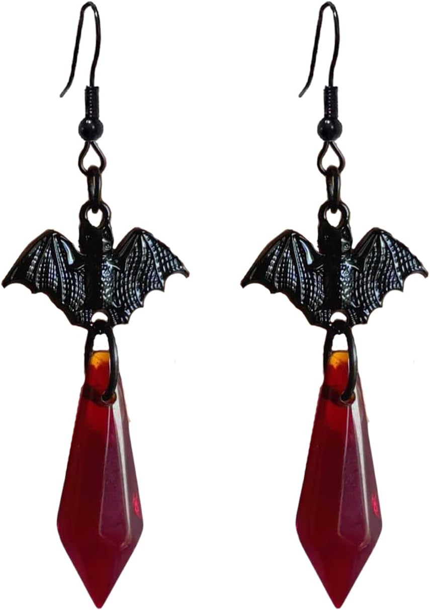 Gothic Dark Bat Earrings for Women Red Crystal Gems Vampire Dangle Earrings Punk Rock Style Bats Earring Halloween Costumes Jewelry for Women