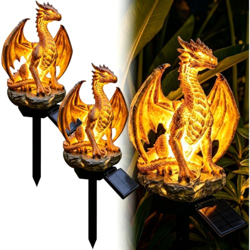 Dragon Solar Garden Light Stake Dragon Legacy Golden Ember Edition Dragon Garden Statue Lamp Warm Glow Dragons Figurine Gift Gothic Medieval Fantasy Decor for Halloween Outdoor Patio Yard (2pcs-a)