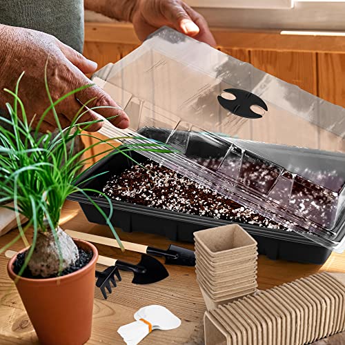 Hahood 6 Pack Seed Starter Tray Kit With 120 Square Peat Pots For Seedlings, Including Plants Labels, Planting Tools, Growing Trays Plastic Germination Tray Paper Starter Pods For Plant Seeds, Black #TOP4