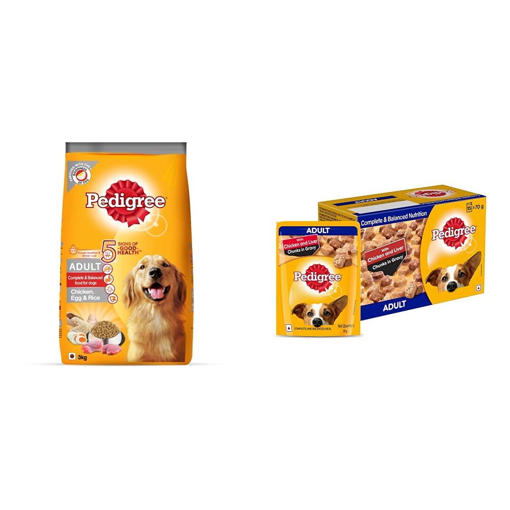 Adult Dry Dog Food, (High Protein Variant) Chicken, Egg & Rice, 3kg Pack & Adult Wet Dog Food, Chicken & Liver Chunks in Gravy, 70 g (Pack of 15)