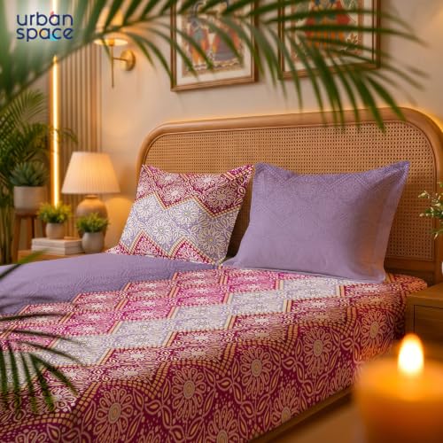 Image of Urban Space Serene 300TC 100% Cotton Bedsheet for Double Bed, Panel Design Bedsheet, Printed Queen Size Bed Sheet with 2 Pillow Covers (90 x 100 Inches, Lehriya Dusty Purple)