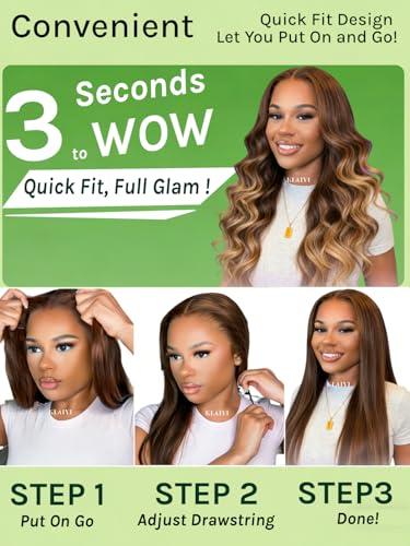 Image of KLAIYI Ombre Brown Bye Bye Slip Loose Wave Precut 7x5Lace Front Wigs Human Hair Glueless Drawstring Balayage Highlight Pre Plucked Bleached Knots Ready to Wear and Go Wig with Face Framing Bang 26Inch