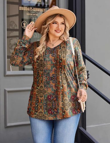 Image of IN'VOLAND Womens Plus Size Shirts V Neck Puff Long Sleeve Tops | Loose Fit, Dressy Casual Blouse, Pleated, Fall Outfits, Business Work TShirts, Basic Tees