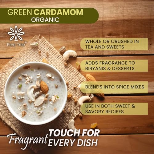 Image of Pure Tree Certified Organic Elaichi | 100 g | Glass Jar | Organic Green Cardamom Whole Spices Hari Chhoti Elaichi Seeds Unique Aroma & Pleasant Flavour