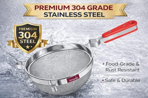 Image of Amanda Stainless Steel Juice & Soup Strainer | Heavy Duty Soup & Liquid Filter | 304 Grade Fine Mesh Chalni | Red Handle Kitchen Strainer for Soup & Juice (Set of 2 (No 6 & 7))