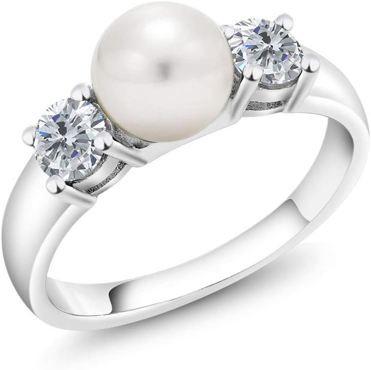 Gem Stone King 0.80 Cttw Freshwater Pearl and White Lab Grown Diamond Ring For Women | 925 Sterling Silver | Gemstone April Birthstone | 3 Stone Wedding Engagement Anniversary Ring