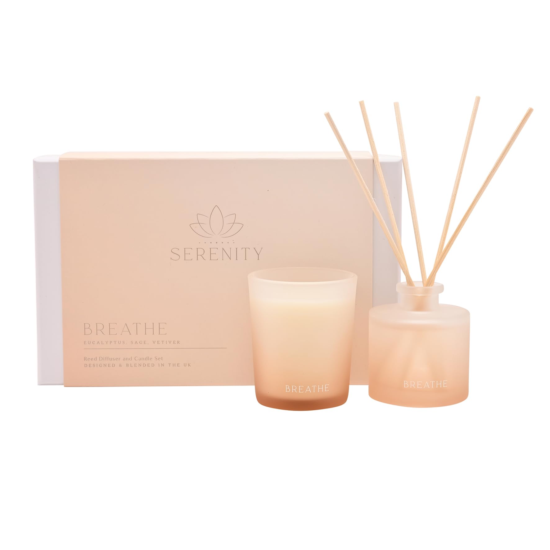 Serenity - Breathe Reed Diffuser & Candle Set - Eucalyptus, Sage & Vetiver Scented - Relaxing Elegant Home Scent for Home & Office Ambiance - Gifting Present Set - H: 7cm x W: 5cm.