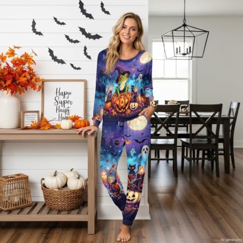 Image of Women's 2 Piece Printed Pajama Set Long Sleeve Sleepwear Set with Long Pants Casual Lounge Sets with Pocket