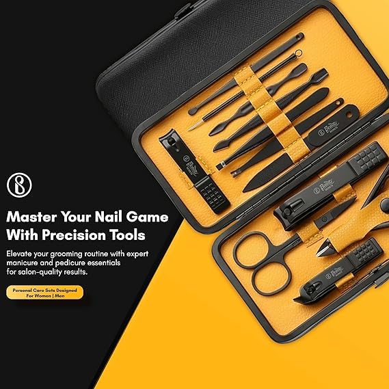 BLUE CRANE Essentials Manicure Set Nail Clippers, Stainless Steel Nail Scissors Grooming Kit, Acne needle, Blackhead Tool Leather Travel Case (Yellow) 1