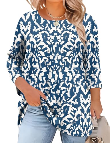 LOMON Womens Plus Size Tops 3/4 Length Sleeve Blouses Crew Neck Business Casual Tunic Tops with Asymmetrical Hem 1X-5X