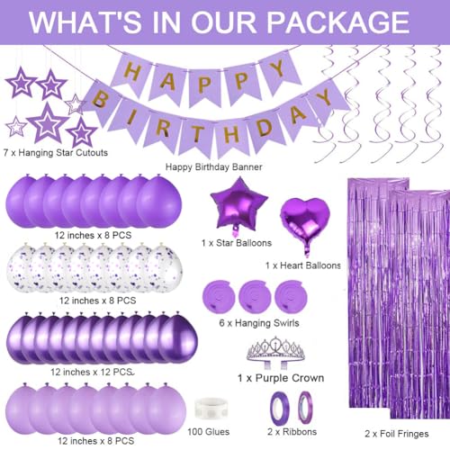 Image of Purple Happy Birthday Decorations Kit, Purple Confetti Balloons Birthday Party Supplies for Women Girls Boys, Happy Birthday Banner, Hanging Star Cutouts, Fringe Curtains, Cupcake Toppers, Crown