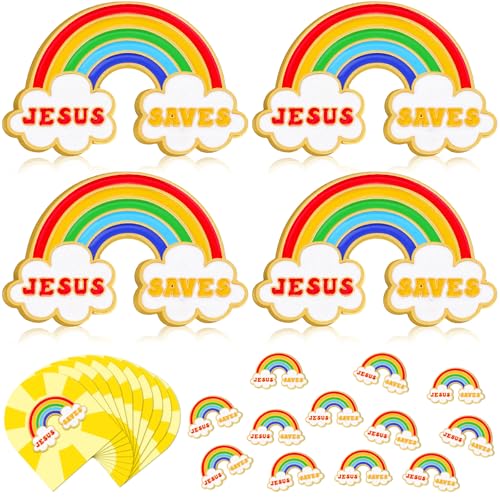 Image of Yinkin 12 Sets Jesus Saves Rainbow Pins with Card Religious Christian Bible Enamel Lapel Pins Sunday School Church Appreciation Gifts for Clothes Backpacks Hats Accessories