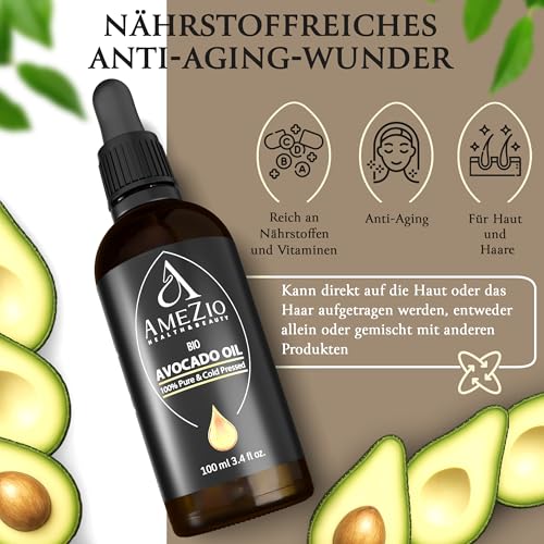 Foto von Avocadoöl Bio Kaltgepresst I Für Haare, Gesicht, Körper, Haut I Avocadoöl baby I 100% rein und nachhaltig I Natürlich für Kosmetik I Hautpflege I Vegan und Tierversuchsfrei I Hexanfrei I 100 ml