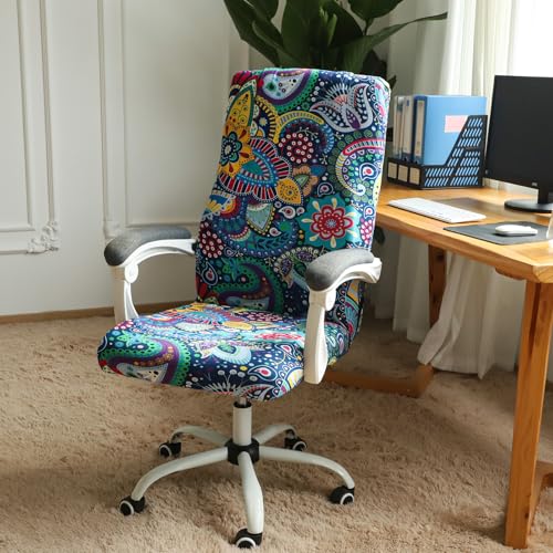 Image of FORCHEER Large Office Chair Cover Stretchable Boho Printed Computer Chair Cover Armrest Office Desk Chair Slipcover Washable Durable