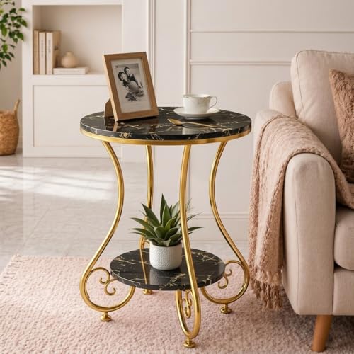 Image of CARTADEN 2 Tier End Table in Living Room, Industrial Style Round Bedside Table with Storage, Small Outdoor Coffee Table for Bedroom Balcony Patio Gold Black