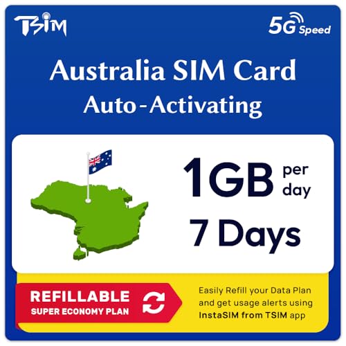 Australia Tarjeta SIM de Datos | 7 días, 1 GB/día | Activación automática | Velocidad 5G/4G | Hotspot Permitido | Sin número de teléfono | Plan Recargable a través de la App Insta Sim
