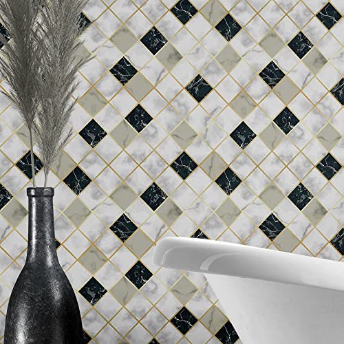 Papel De Parede Adesivo Lavável Mármore Pedra Preta e Branca Azulejo 1.50 Metros