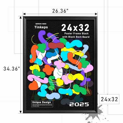 Image of 24x32 Poster Frame Black with Black Back Board, Curved Extra Wide Edges, Vintage Style Poster Frame 24x32 for Wall Decor.