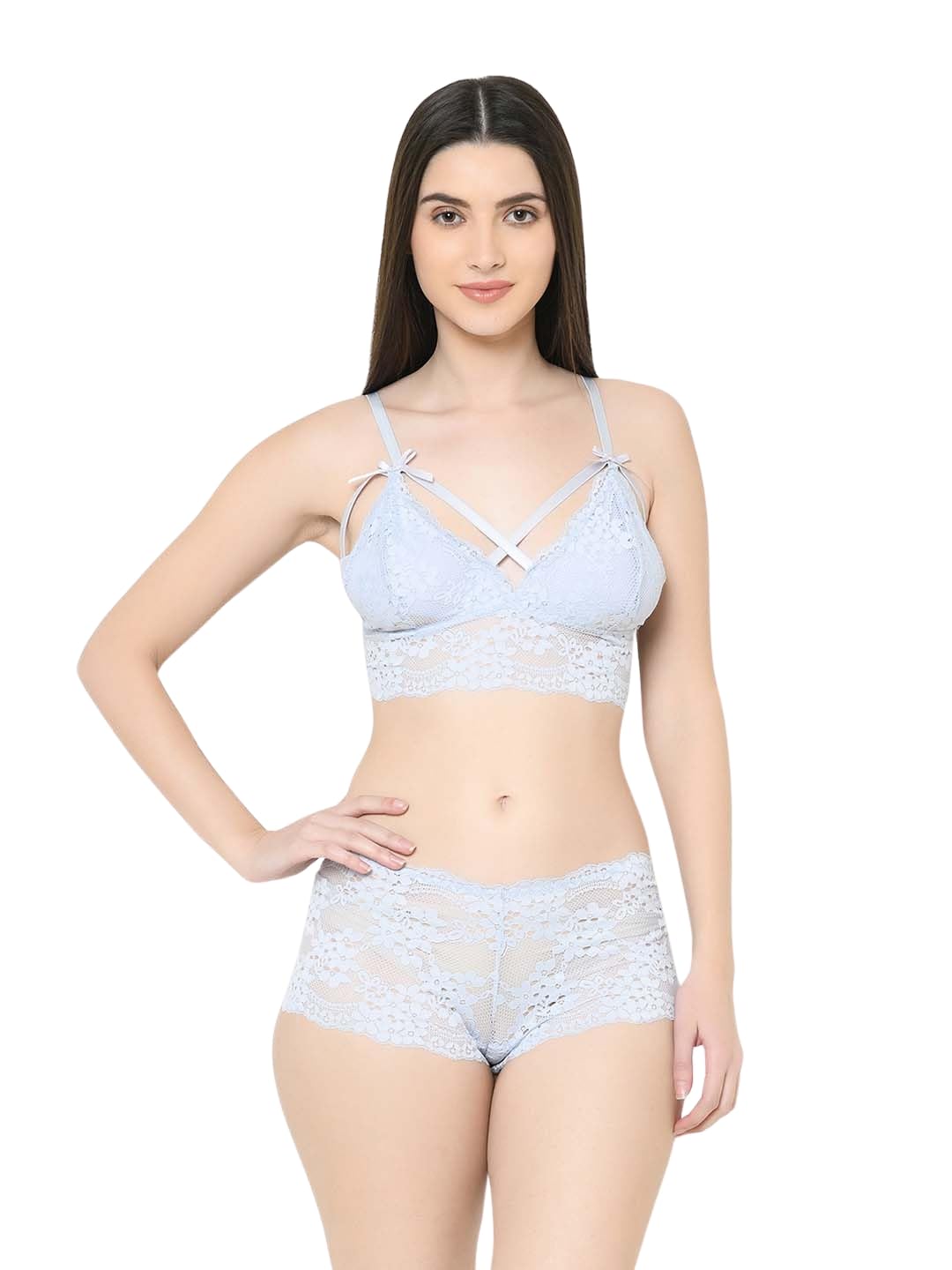Women’s Lace Bralette & Panty Set | Lightly-Padded Non-Wired Full Coverage Lingerie | Soft Lace Fabric with Adjustable Straps | Comfortable Bridal Innerwear (Beige) (30B)-image-0