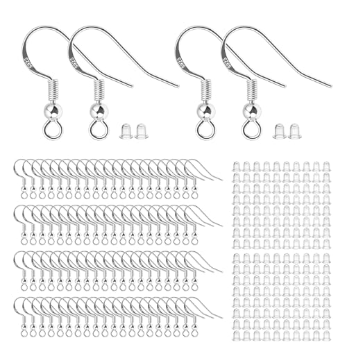 Earring Hooks for Jewellery Making 100 PCS/50 Pairs 925 Sterling Silver Earring Hooks with Clear Silicone Ear Backs Hypoallergenic Jewellery Making Supplies (Silver)