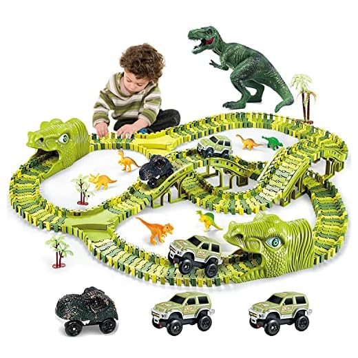 burgkidz Dinosaurier Spielzeug Schienen, 260 Stück Dinosaurier Weltrennstrecken Spielset mit 3 Triebwagen und 7 Dinosaurierspielzeugen, Stengel pädagogisches Geschenk für Kinder ab 3 Jahren
