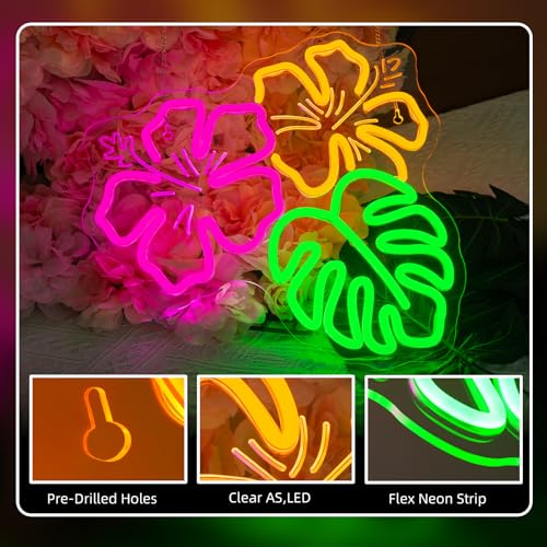 Image of Hibiscus Neon Sign Monstera Leaf Neon Light Tropical Hibiscus Flower LED Sign Hawaii Floral Led Light Plant Light Up Sign for Luau Party Decorations Pool Beach Summer Bedroom Classroom Garden for Mother's Day
