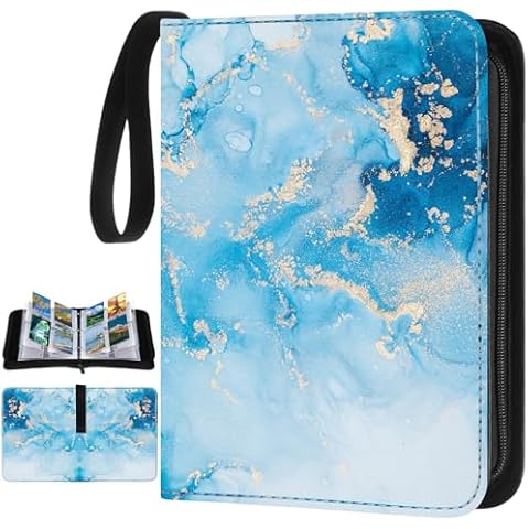Humyoun Card Binder 4 Pocket PU Waterproof Trading Card Binder for 400 Cards Portable Card Album Holder with Zipper Wristband Card Organizer Gifts(Blue Marble,9.8 x 7.7 x 2 Inch) Cover
