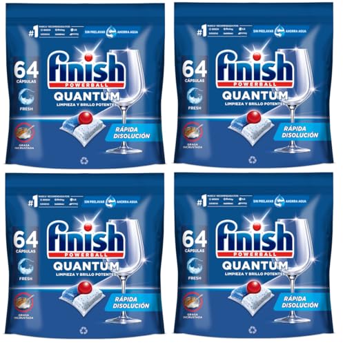 Finish Powerball Quantum Limpieza y Brillo Potentes, Pastillas para lavavajillas, aroma Regular, 256 pastillas