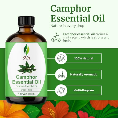 Image of SVA Camphor Essential Oil 4 Fl Oz - for Diffuser, Skin & Hair Care - Ideal for Massage & DIY Blends - with Dropper