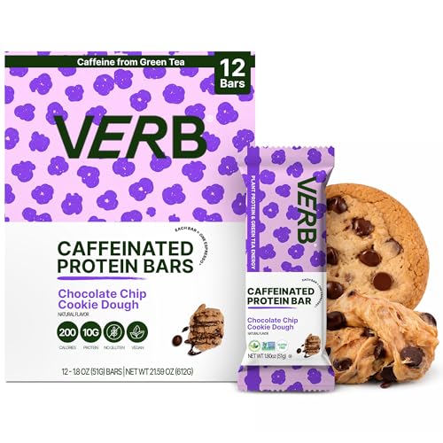 Verb Energy - Caffeinated Protein Bars Chocolate Chip Cookie Dough 190-Calorie Low Sugar 10g Protein Bar - Vegan Snacks - Gluten Free Breakfast Bars with Organic Green Tea 51g Per Bar (Pack of 12)