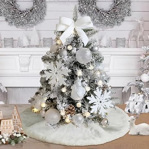 yuboo 24 inches White Christmas Tree Skirt, Mini Fluffy Small Fur Tree Skirt Rug Christmas Decorations for Slim Pencil Table Tree Cover