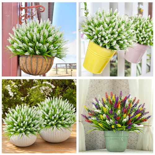 Image of Bassion 24 Bundles Artificial Flowers for Outdoors Fake Lavender, White | UV resistant, plastic faux lavender with monkey grass, outside planter window box garden patio front porch home decor