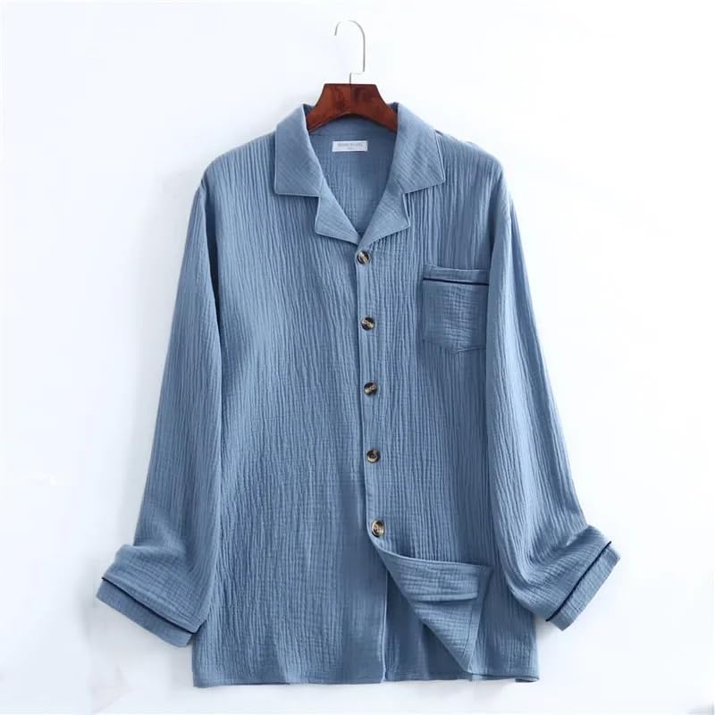 Men's Gauze Suit Collar Pajamas Solid Color Button Home Set Lounge Wear Navy Blue XXXL3