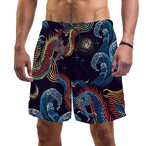 Short de bain brodé dragon chinois pour vos vacances à la mer en taille L
