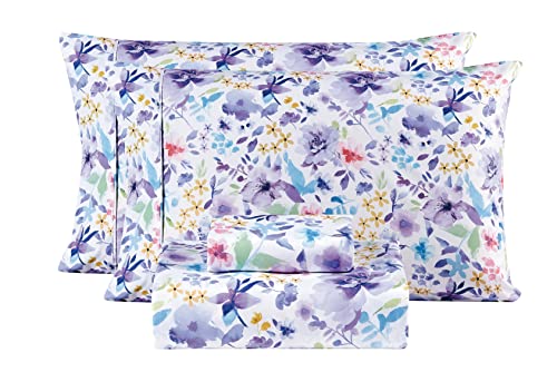 Image of Mooreeke Floral Full Sheets, Soft Breathable Microfiber Vintage Printed Bed Sheet Set, Deep Pocket Non-Slip Fitted Sheet Included, Purple Flower Pattern
