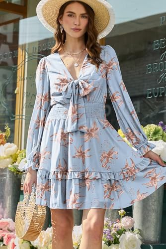 Image of Dokotoo Womens Casual Spring Fall 2025 Deep V Neck Knotted Tiered Chiffon Elegant Mini Short Swing Skater Dresses