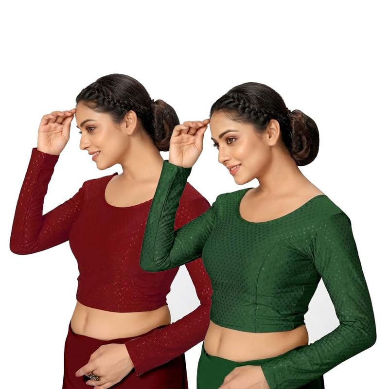 paarth enterprise Stretchable Cotton Blend Full Sleeve Readymade Blouse for Women 2PC Maroon-Green-picture-28