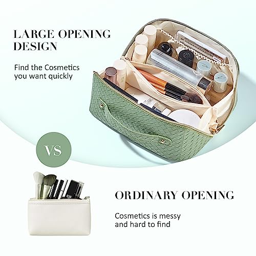 Bykasist Travel Makeup Bag Large Capacity Cosmetic Bags For Women Portable Makeup Bag Opens Flat For Easy Access Travel Toiletry Bag Leather Waterproof Women Travel Cosmetic Bag Organizer, Green #TOP2